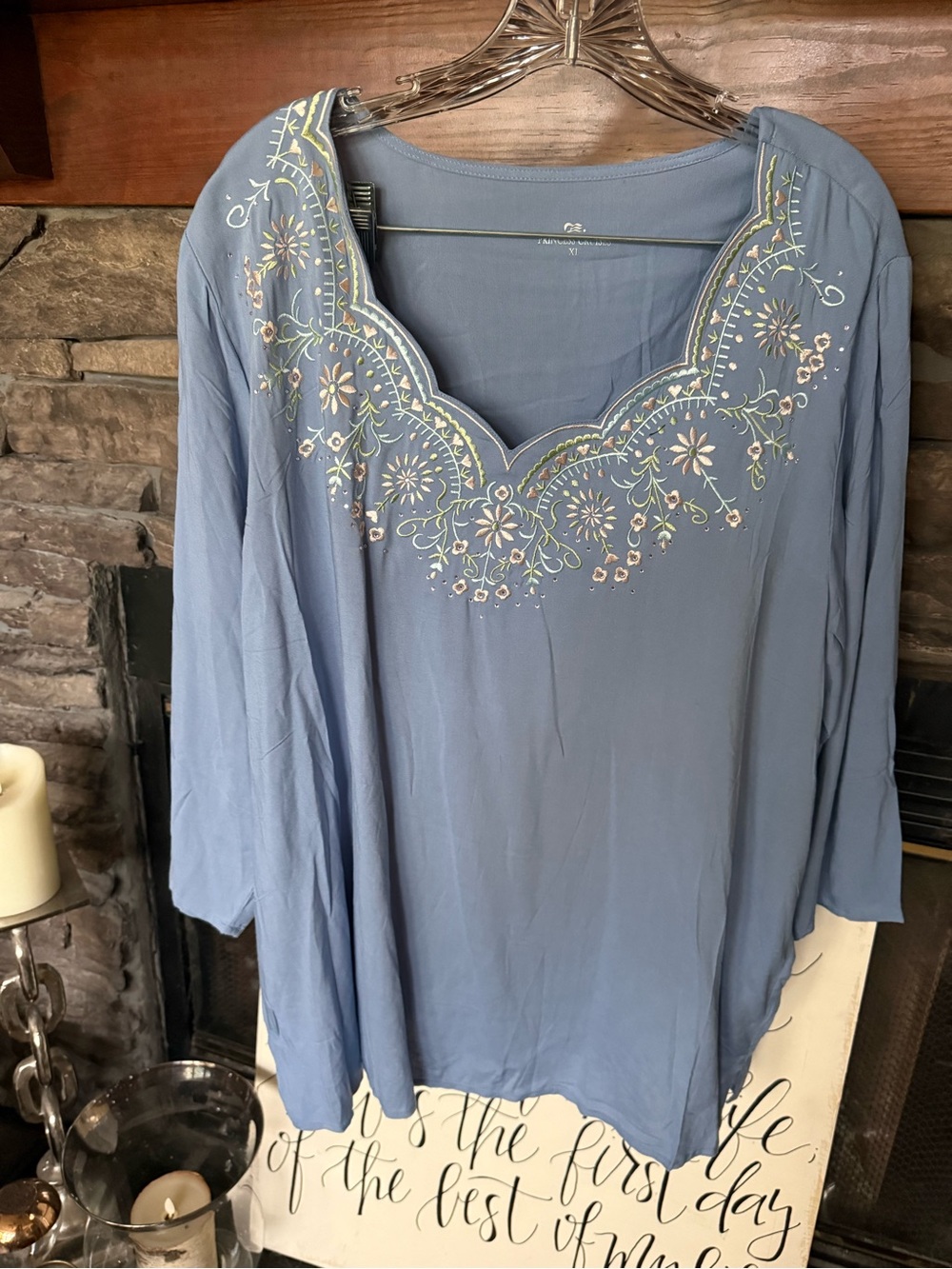 Embroidered Blue V-Neck Tunic Top XL